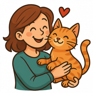 Cartoon-Zeichnung einer zurückgekehrten Katze, die sich glücklich an ihre Besitzerin schmiegt – Symbol für ein Happy End bei vermissten Tieren.