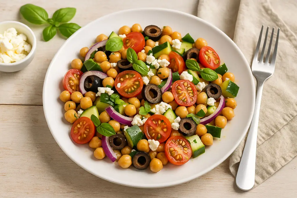 Bunter Couscous-Salat mit frischer Minze, Paprika, Gurke und Zitronendressing auf einem Teller