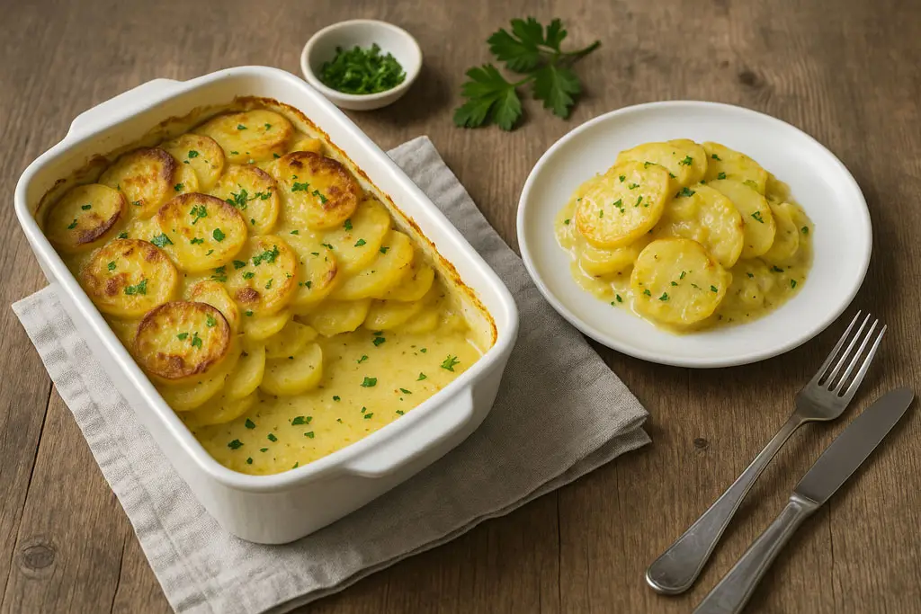 Kartoffel-Kohlrabi-Gratin ohne Käse, mit Hafercreme überbacken in einer Auflaufform, angerichtet mit frischer Petersilie