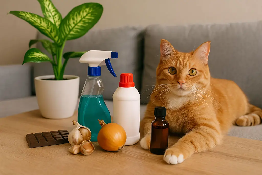 Katze auf Couch vor Tisch mit gefährlichen Haushaltsmitteln