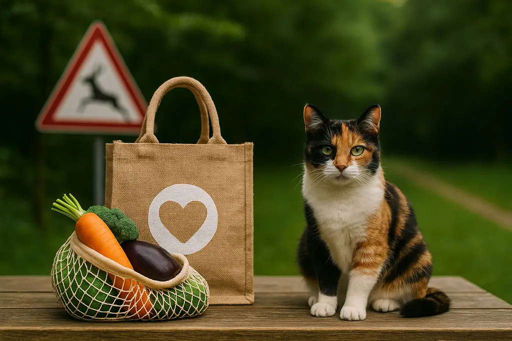 Katze auf Holzbank neben Jutebeutel und Einkaufsnetz mit Gemüse