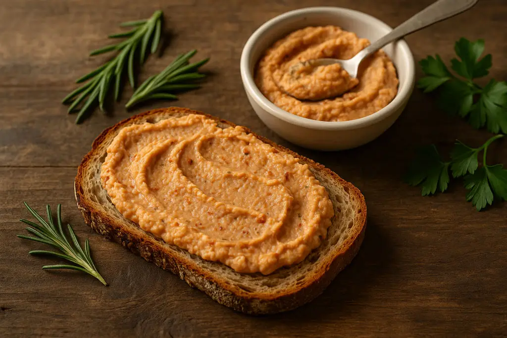 Veganer Brotaufstrich aus weißen Bohnen und getrockneten Tomaten auf frischem Brot serviert