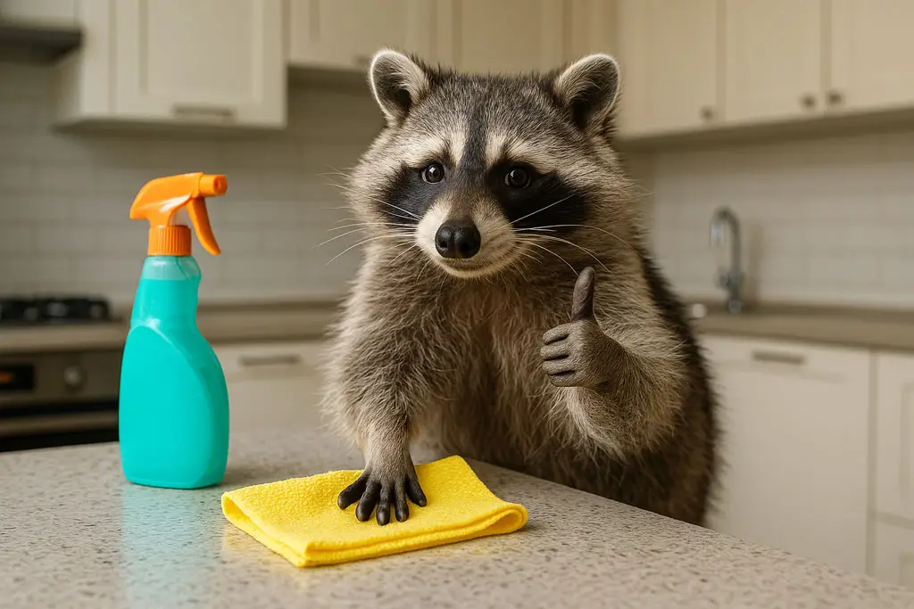 Waschbär mit Daumen hoch putzt mit einem Tuch