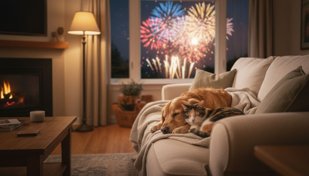 Hund und Katze liegen entspannt auf der Couch während Silvester, Tipps von ATTiS für ein stressfreies Silvester mit Tieren