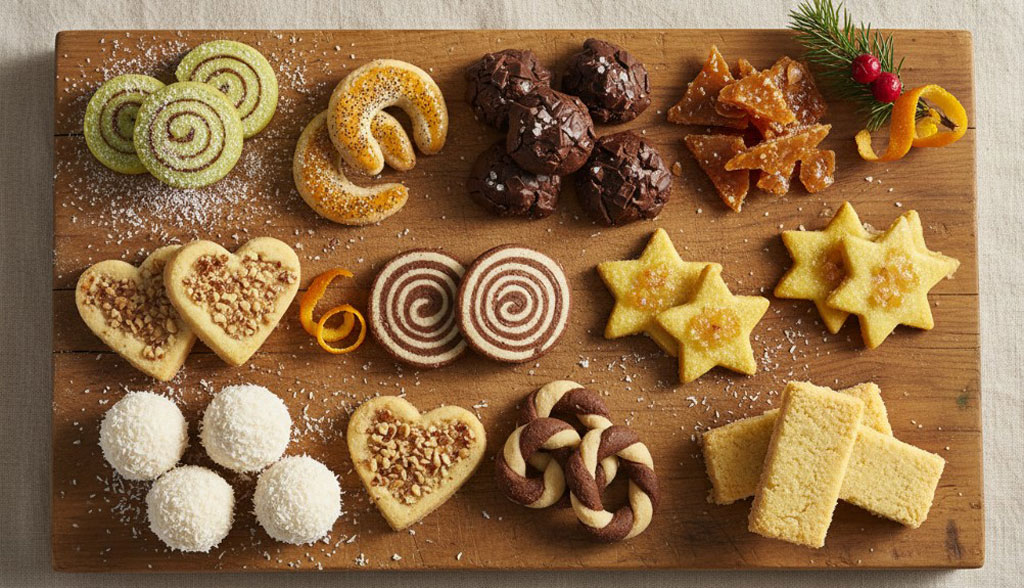 Zehn verschiedene Weihnachtsplätzchenvarianten aus einem Grundteig auf Holzbrett