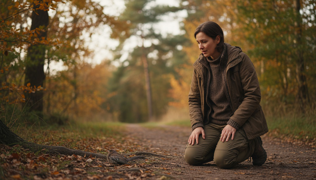 Person kniet in sicherem Abstand zu einem verletzten Tier am Wegesrand im Herbst