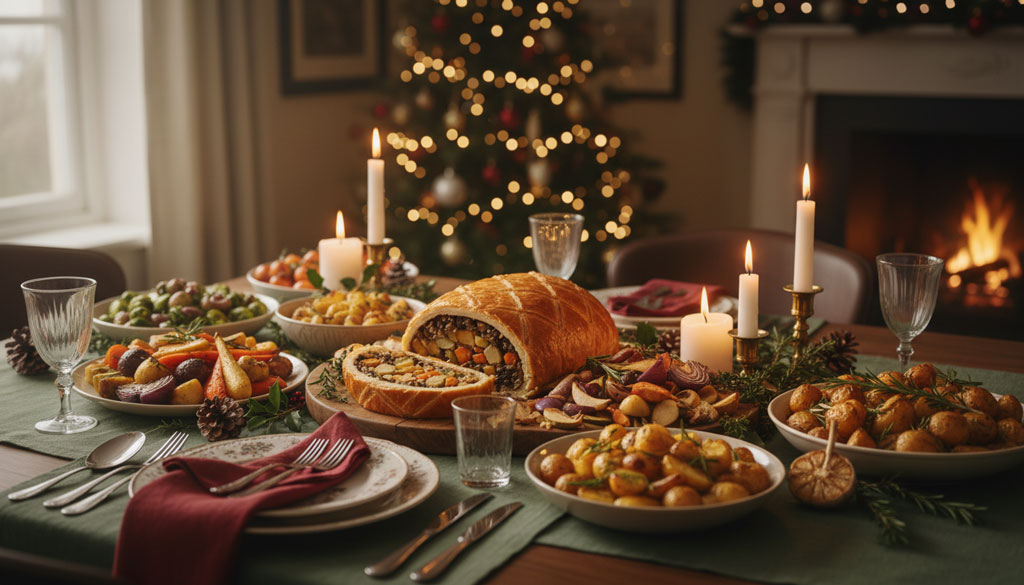Vegetarischer Wellington mit Ofengemüse und Kräuterkartoffeln auf festlich gedecktem Weihnachtstisch.
