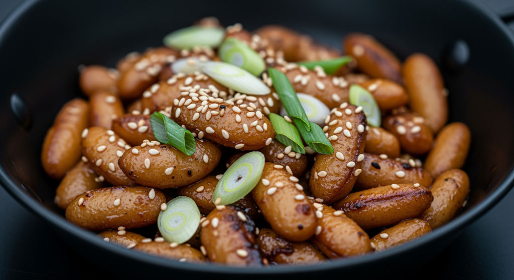 Knusprig angebratene Bohnen mit würziger Glasur, Frühlingszwiebeln und Sesam in einer dunklen Pfanne.