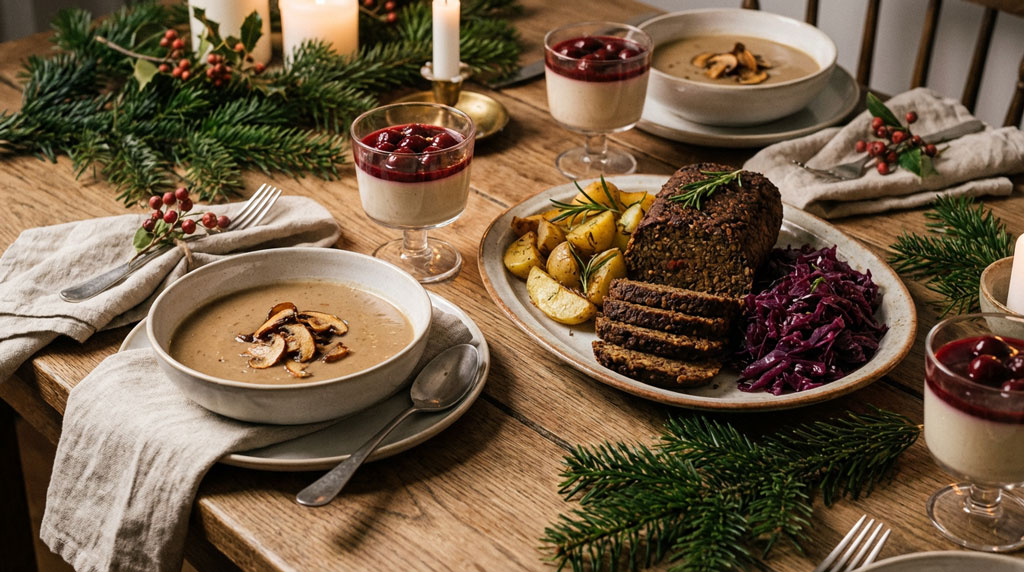 Veganes Weihnachtsmenü mit Maronensuppe, Rotwein-Linsenbraten und Spekulatius-Panna-Cotta auf festlich gedecktem Wintertisch.