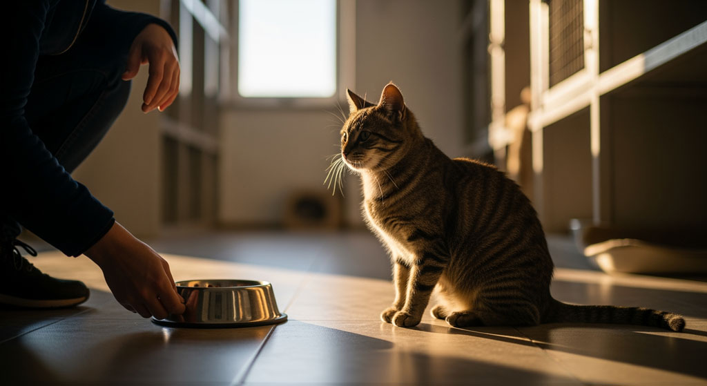 Ruhige Alltagsszene in einer Katzenstation: Eine Katze wird von einer ehrenamtlichen Hand versorgt.