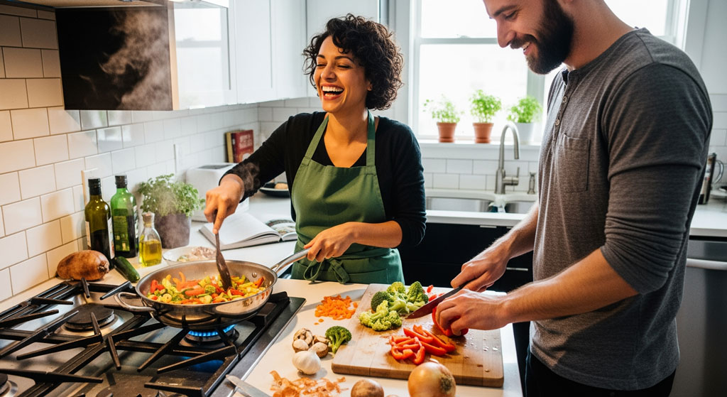 Menschen kochen gemeinsam vegetarisch und haben Spaß in der Küche
