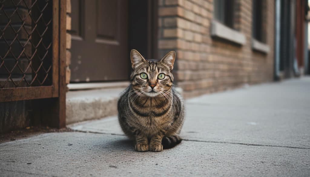 Allein sitzende Katze blickt aufmerksam in die Kamera – Katze gefunden, was tun im Alltag