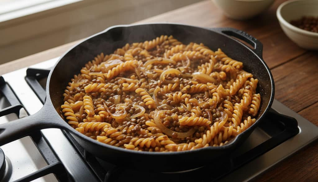 Pasta mit Linsen und karamellisierten Zwiebeln in einer Pfanne, fertig gekocht und appetitlich vermischt