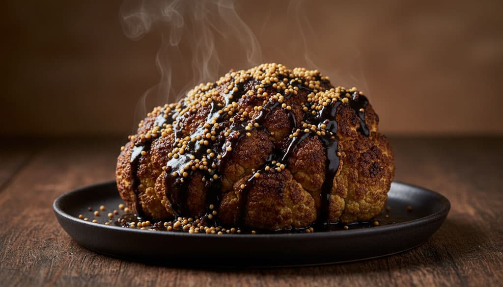 Gerösteter Blumenkohl im Ganzen mit dunkler Zwiebelreduktion und Senfsaat