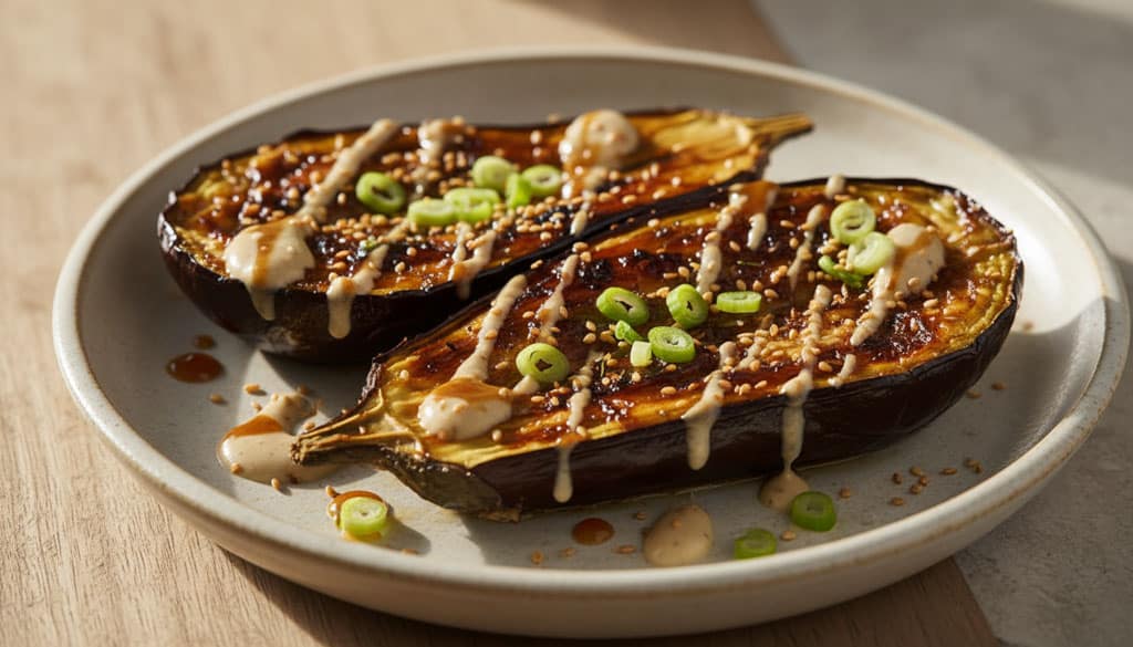 Knusprig geröstete Auberginenhälften aus dem Ofen mit Miso-Karamell und Zitronen-Tahini auf einem Keramikteller.