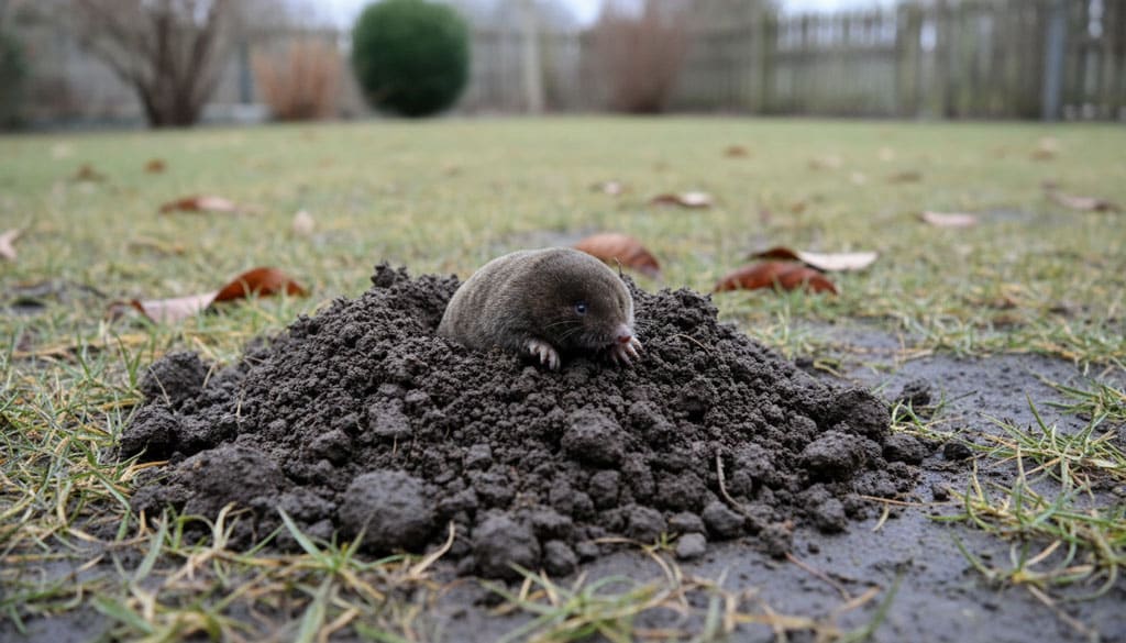 Maulwurf schaut aus einem Maulwurfshügel im Winter bei frostfreiem Boden
