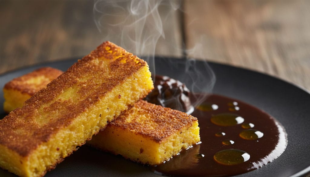 Vegane Polenta mit Pilz-Jus, kross gebratene Schnitten mit dunkler Jus und Haselnussöl