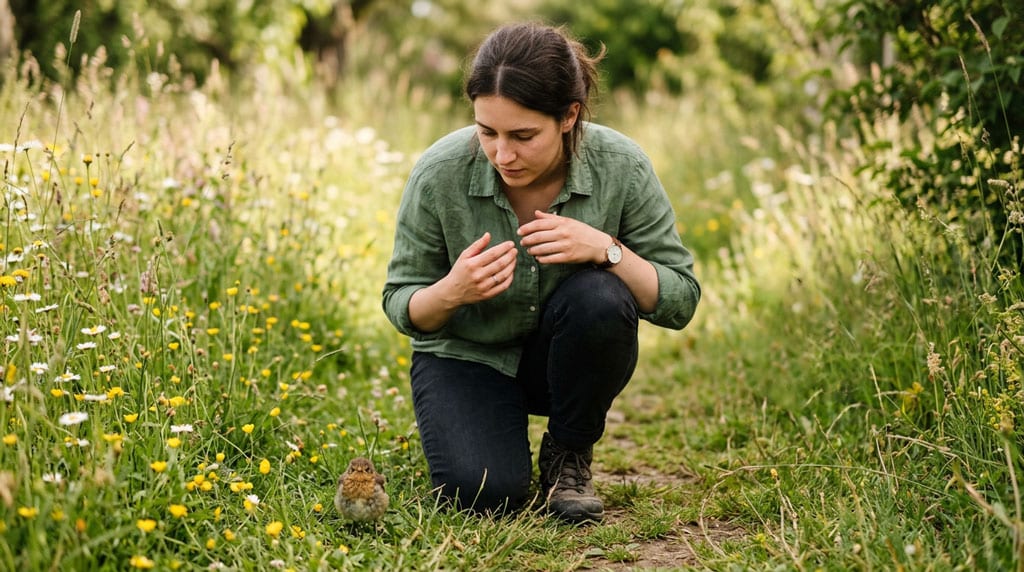 Person beobachtet Jungvogel im Gras im Frühling ohne einzugreifen – richtiges Verhalten bei gefundenen Jungtieren