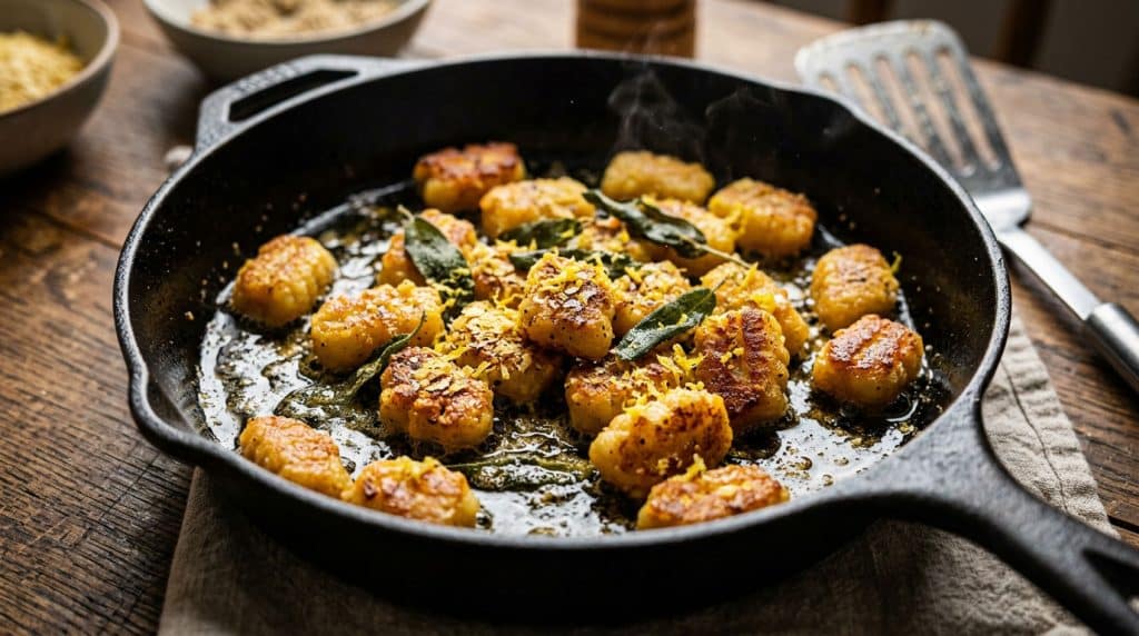 Goldbraun gebratene Kartoffel-Gnocchi mit Salbei und Zitronenzeste in einer Pfanne