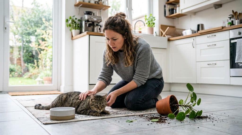 Katze mit Vergiftungssymptomen liegt neben umgefallener Zimmerpflanze während Besitzerin besorgt reagiert