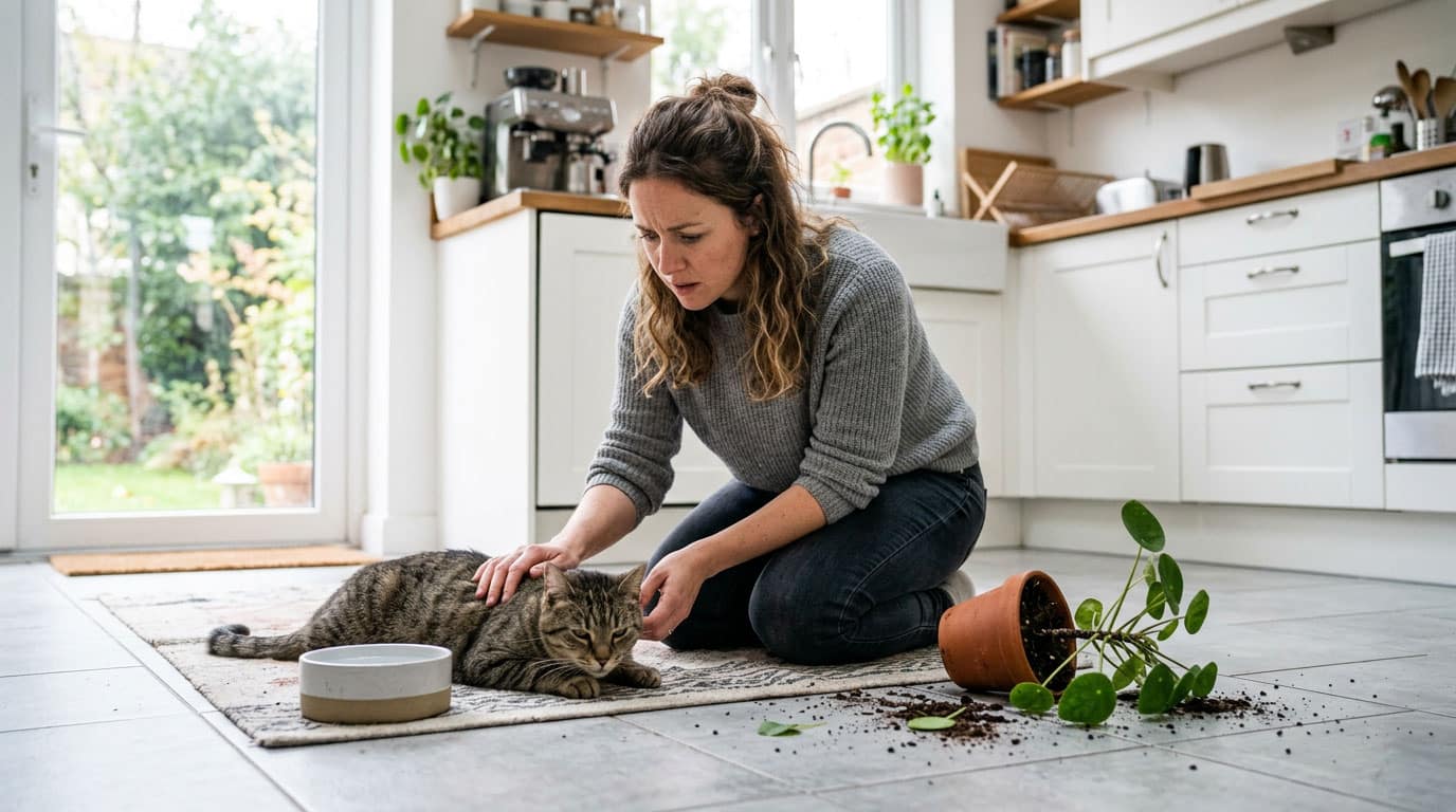 Katze mit Vergiftungssymptomen liegt neben umgefallener Zimmerpflanze während Besitzerin besorgt reagiert