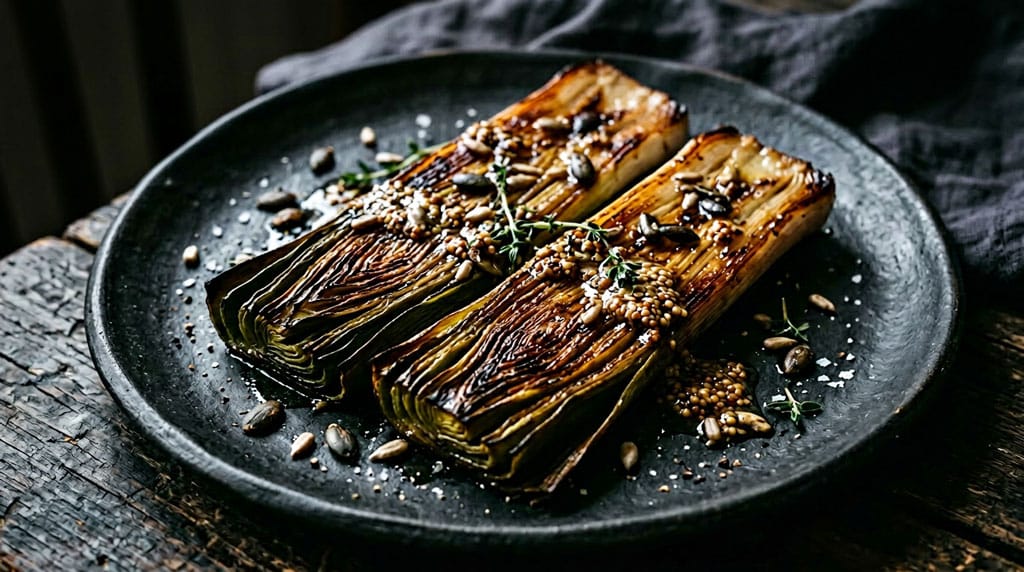 Gebratene Lauch-Steaks mit dunkler Röstung, Senf-Dressing und gerösteten Kernen in einer Pfanne