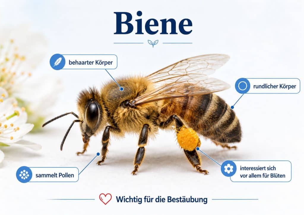 Infografik einer Biene mit typischen Merkmalen wie behaarter Körper, Pollen und Bestäubung