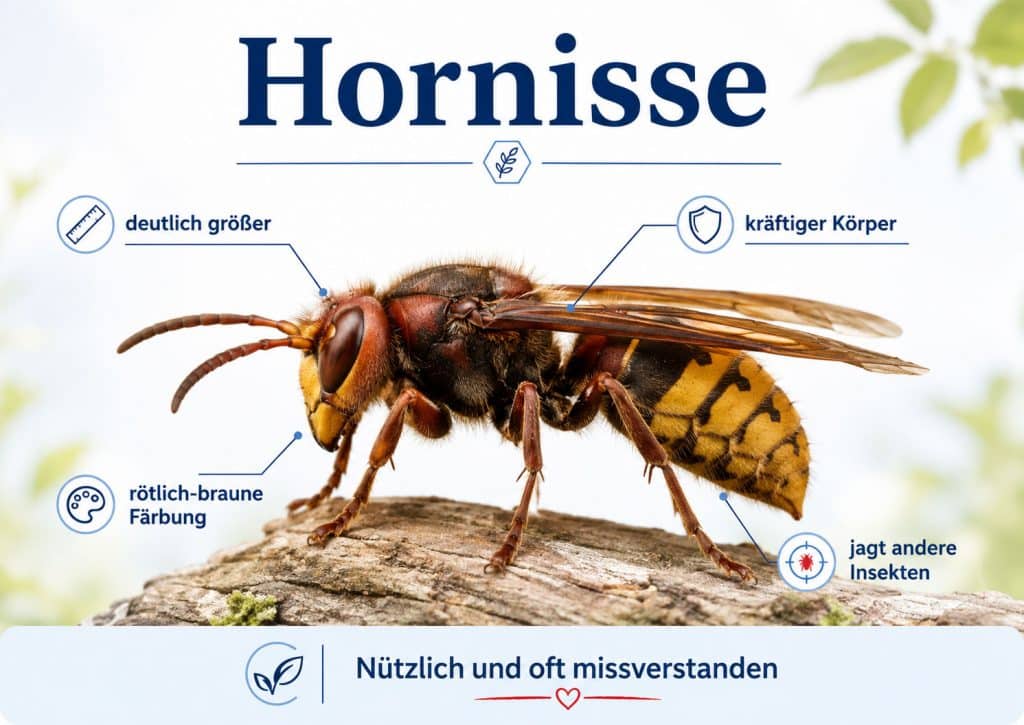 Infografik einer Hornisse mit typischen Merkmalen wie größerem Körper, rötlich-brauner Färbung und Jagd auf andere Insekten