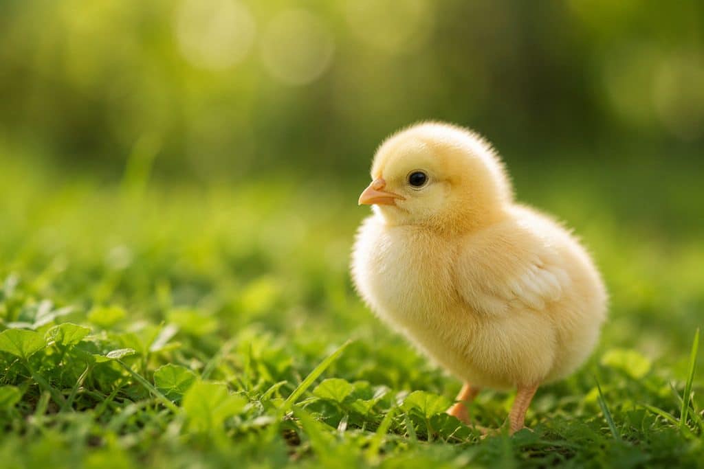 Küken auf einer grünen Wiese als Symbol gegen geplante Hähnchenmast bei Gersthofen