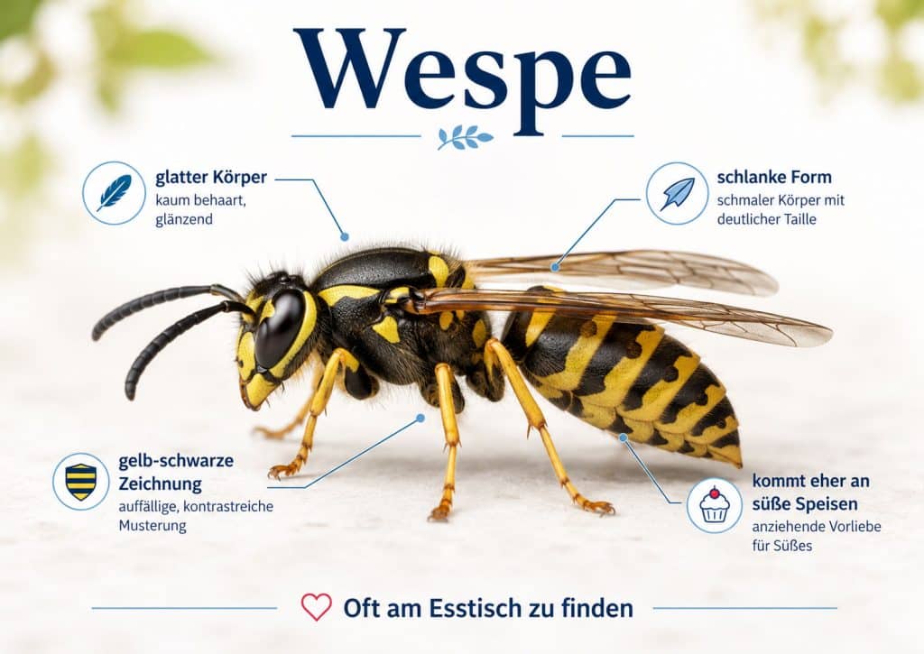 Infografik einer Wespe mit typischen Merkmalen wie glatter Körper, schlanke Form und gelb-schwarze Zeichnung