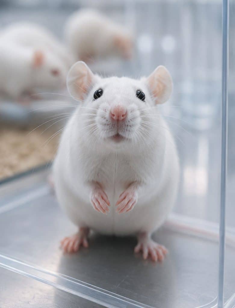Weißes Versuchstier in einem Labor als Symbol für den Schutz von Tieren bei wissenschaftlichen Tierversuchen.