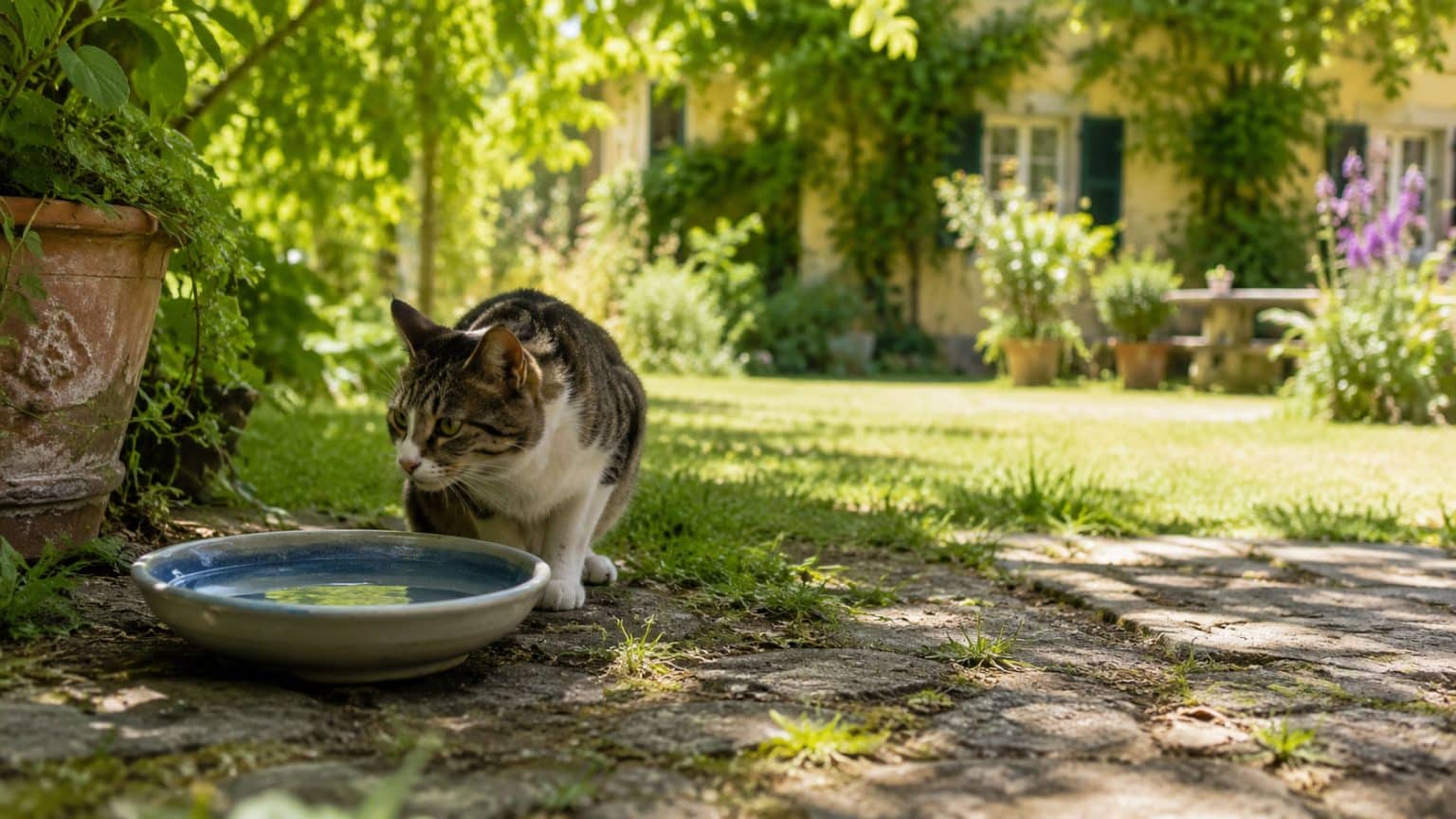 Katze an einer sauberen Wasserstelle im schattigen Garten als Symbol für Tierschutz im Sommer in Augsburg und Aichach