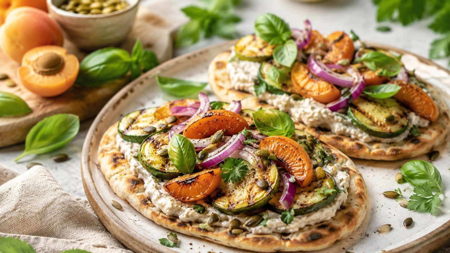 Sommerliche vegane Pfannen-Fladen mit Aprikosen, Zucchini, Kräuter-Bohnencreme und gerösteten Kernen