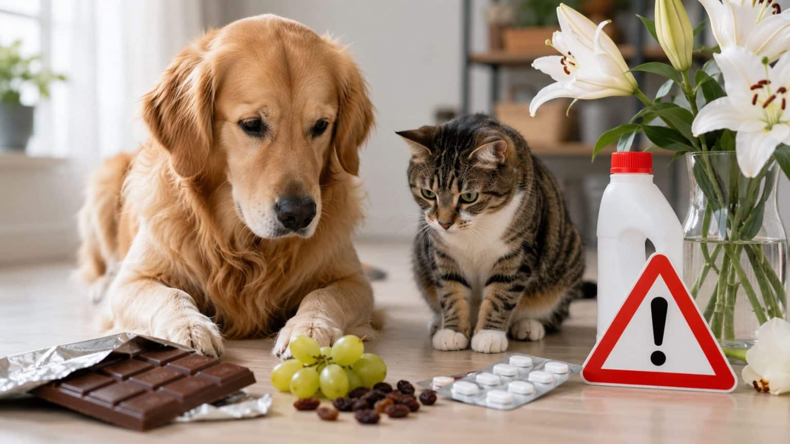 Hund und Katze neben Schokolade, Weintrauben, Medikamenten, Reinigungsmittel und Lilien als mögliche Giftgefahren im Haushalt
