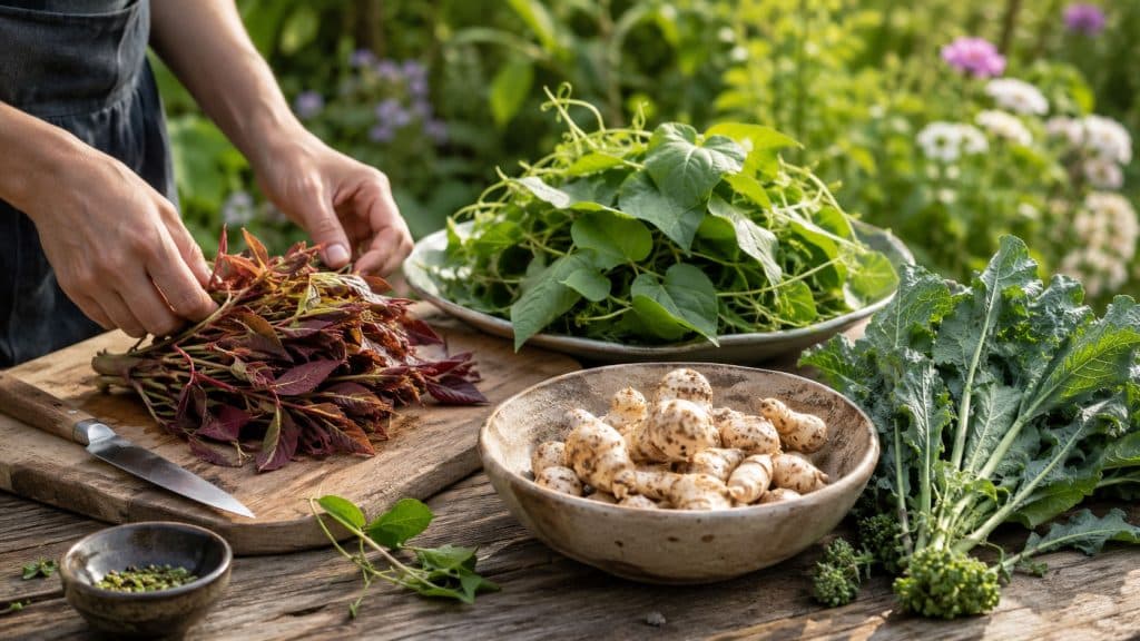 Ungewöhnliche essbare Pflanzen und Gemüse werden auf einem Gartentisch für vegane Gerichte vorbereitet.