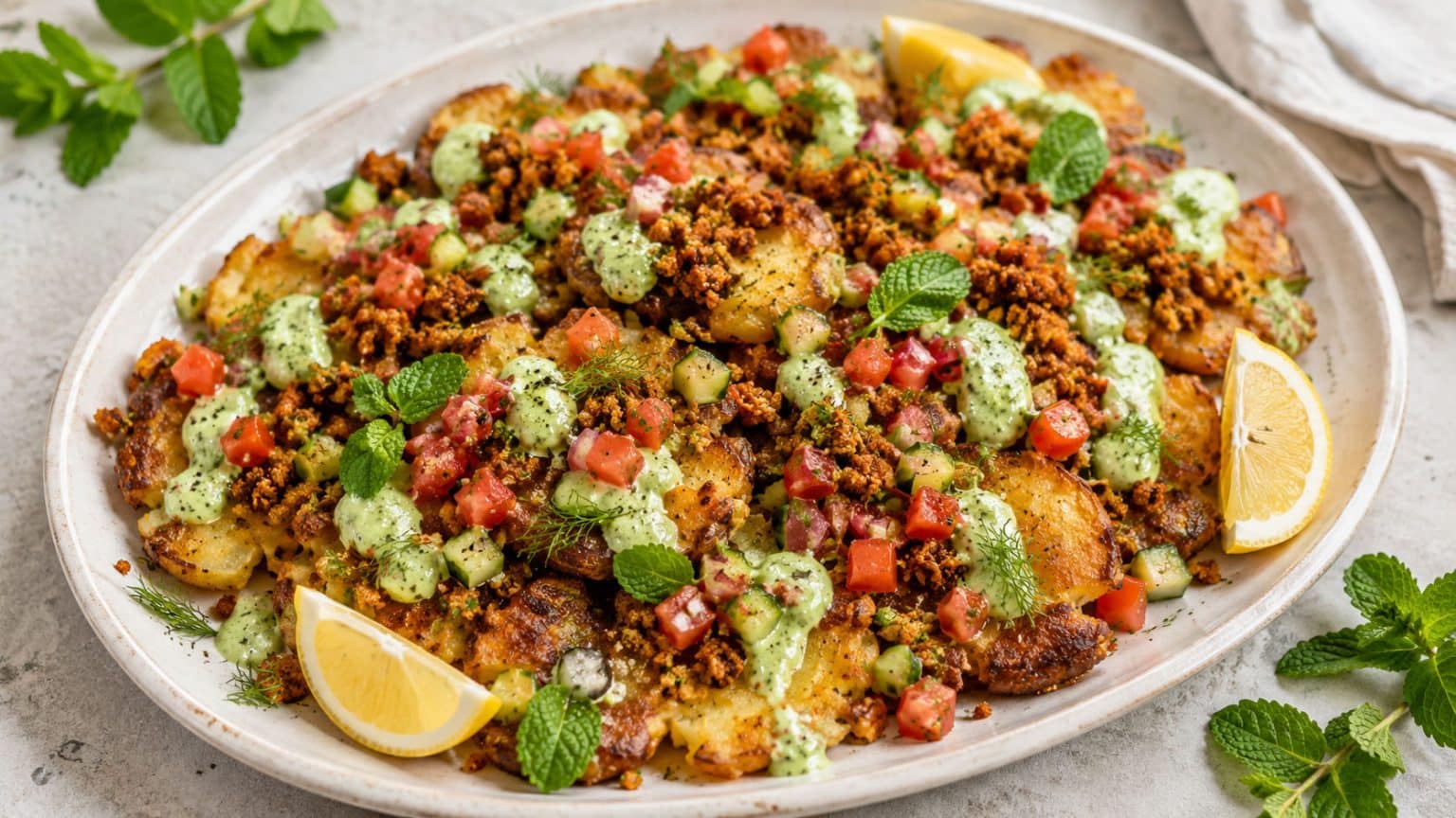 Vegane Smashed-Potato-Nachos mit Erbsen-Minz-Creme, Tomaten-Salsa und Tofu-Crunch auf heller Platte