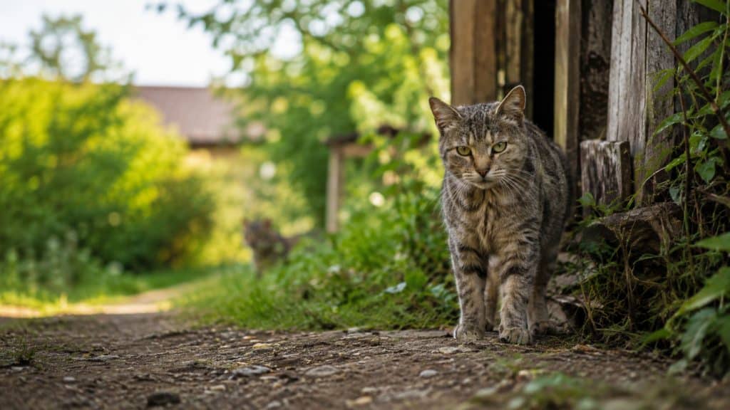Getigerte Katze an einem alten Holzschuppen, im Hintergrund ist eine zweite Katze zu sehen