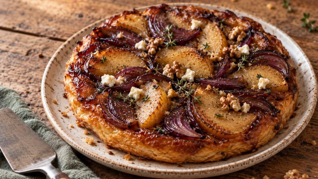 Birnen-Zwiebel-Tarte-Tatin mit Walnüssen, Thymian und veganem Feta
