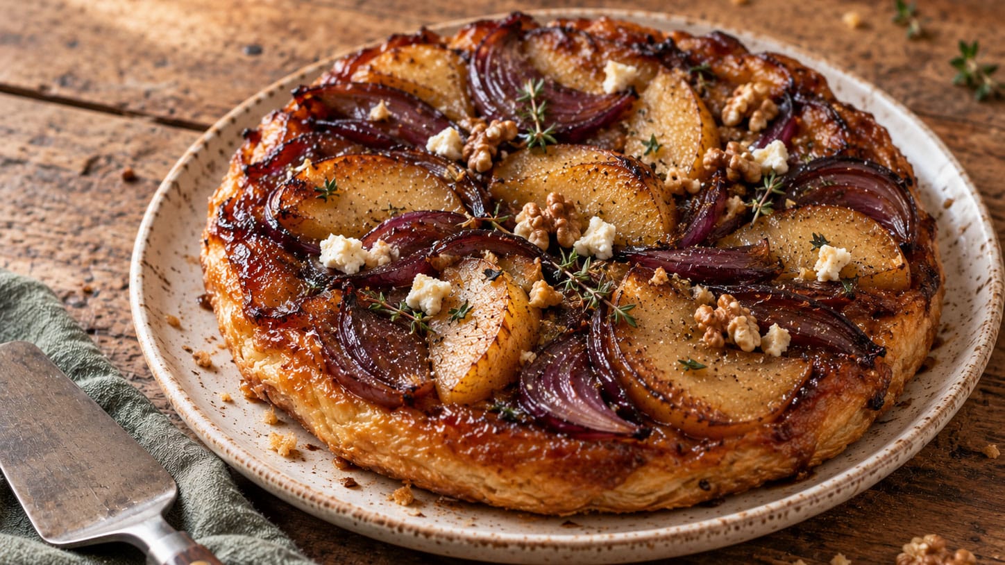 Birnen-Zwiebel-Tarte-Tatin mit Walnüssen, Thymian und veganem Feta