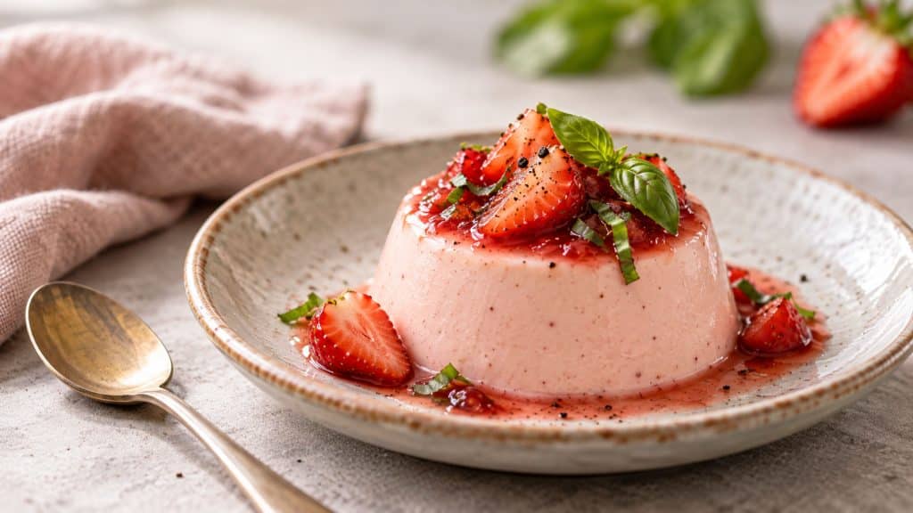 Vegane Erdbeer-Basilikum-Panna-Cotta mit Erdbeeren, Basilikum und schwarzem Pfeffer
