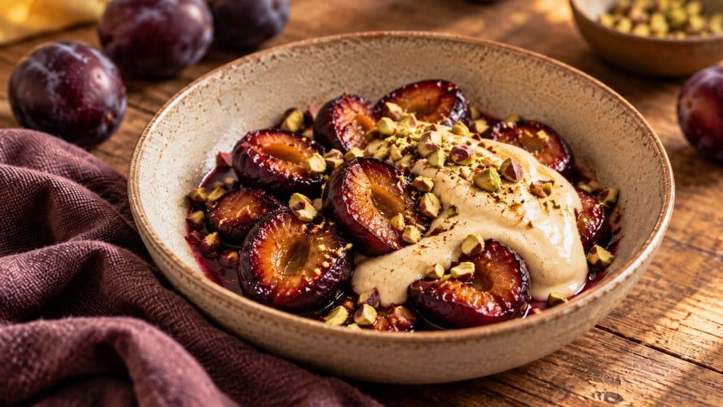 Gebackene Pflaumen mit Tahin-Vanille-Creme und Pistazien