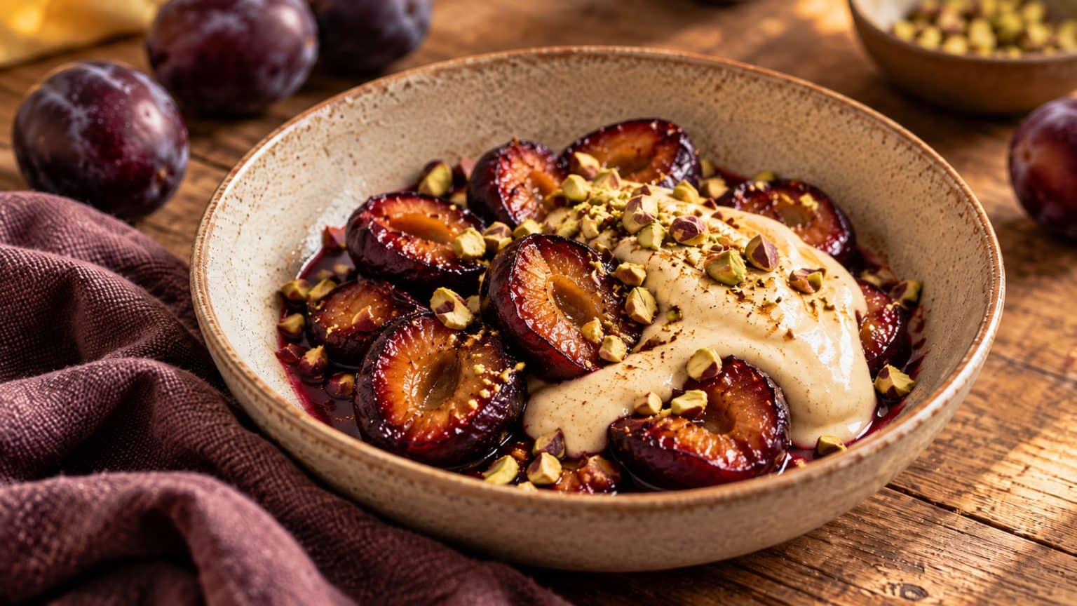 Gebackene Pflaumen mit Tahin-Vanille-Creme und Pistazien