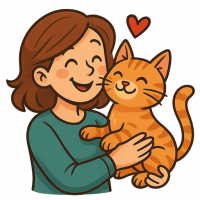 Cartoon-Zeichnung einer zurückgekehrten Katze, die sich glücklich an ihre Besitzerin schmiegt – Symbol für ein Happy End bei vermissten Tieren.